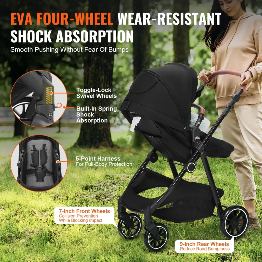 VEVOR Standard Baby Stroller, Infant Toddler Stroller with Bassinet, 3rd-Gear Adjustable Backrest & Foldable & Reversible Seat, Carbon Steel Newborn Stroller with Leg Cover and Mesh Net, Black