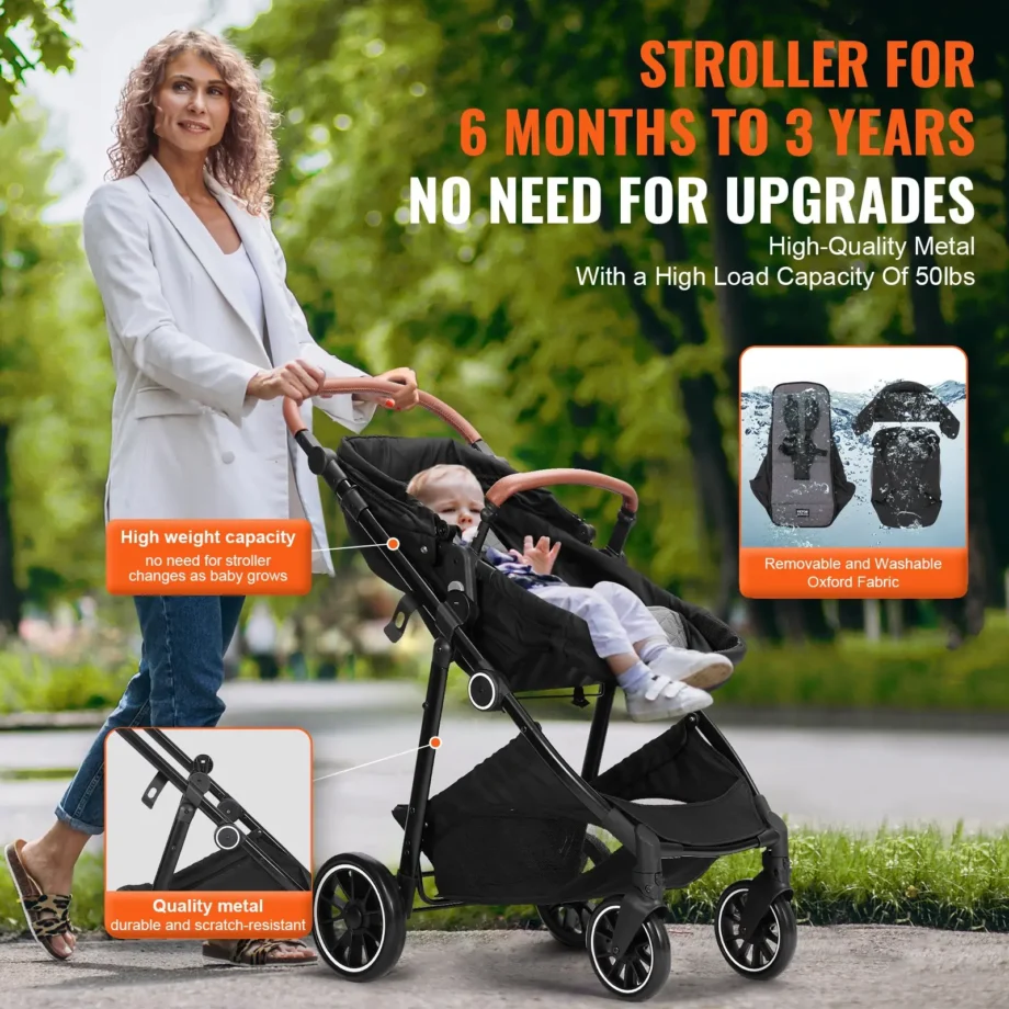 VEVOR Standard Baby Stroller, Infant Toddler Stroller with Bassinet, 3rd-Gear Adjustable Backrest & Foldable & Reversible Seat, Carbon Steel Newborn Stroller with Leg Cover and Mesh Net, Black