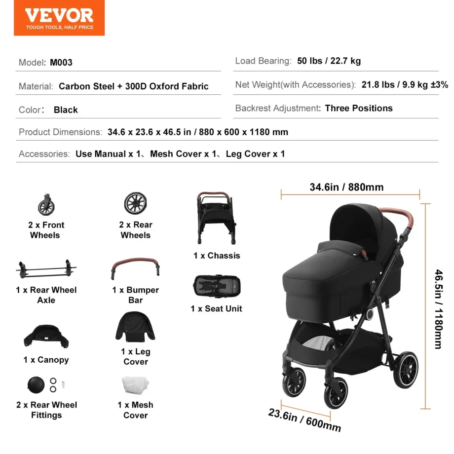 VEVOR Standard Baby Stroller, Infant Toddler Stroller with Bassinet, 3rd-Gear Adjustable Backrest & Foldable & Reversible Seat, Carbon Steel Newborn Stroller with Leg Cover and Mesh Net, Black