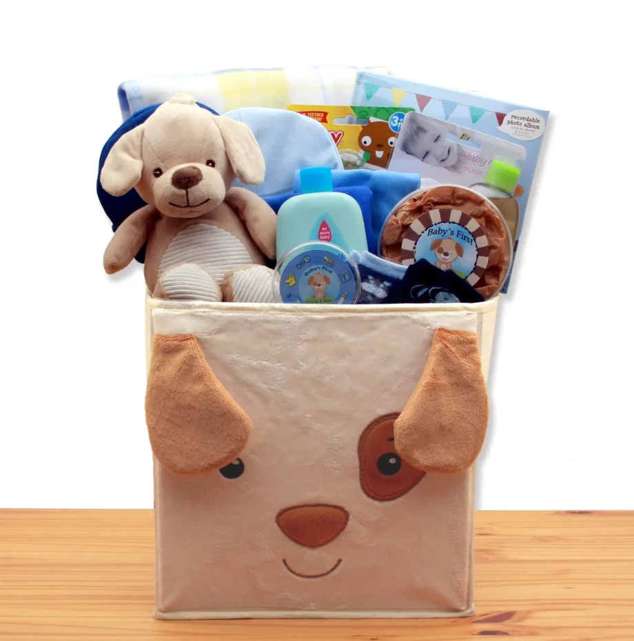 Puppy Tails New Baby Gift Basket - baby bath set - baby boy gift basket - new baby gift basket - baby gift baskets - baby shower gifts